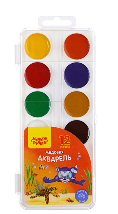 Акварель Мульти-Пульти, Енот в Красном море, медовая, 12 цветов, без кисти, пластик, АП_10705