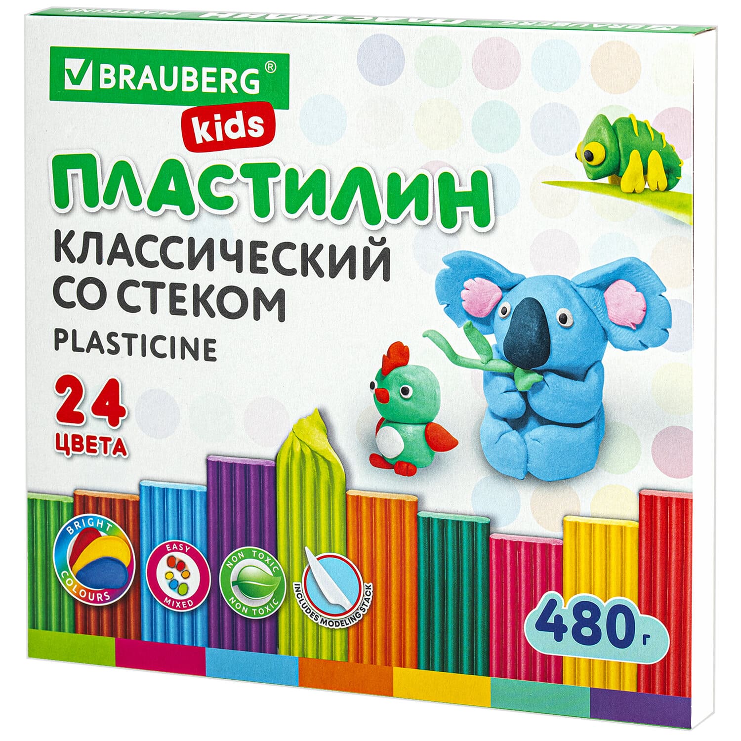 Пластилин 24 цв. BRAUBERG KIDS, 480 г, со стеком, 106437