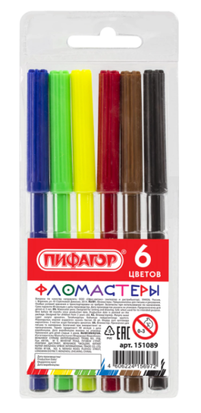 Фломастеры ПИФАГОР, 6 цветов, вентилируемый колпачок, 151089